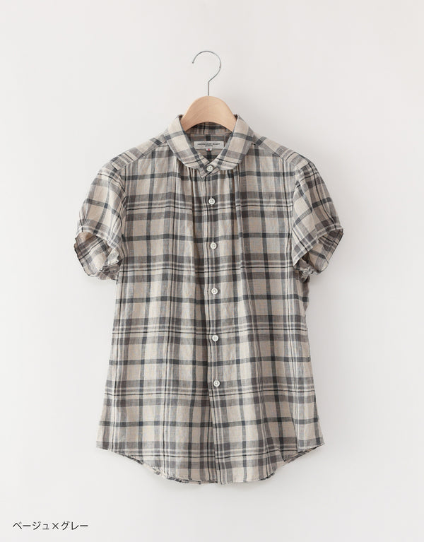 Linen checked short-sleeved gathered neck shirt